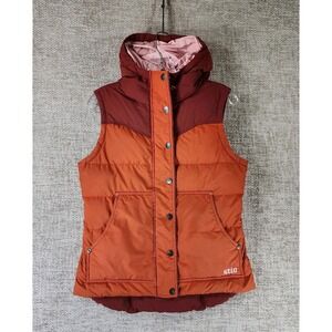 Stio Woodson Hooded Down Vest Womens M Orange Red Full Zip Snap